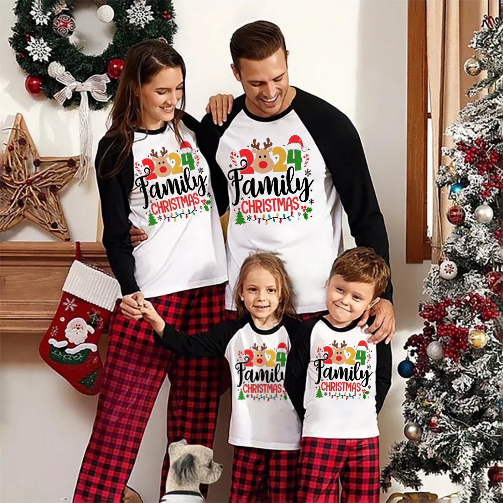 2024 Family Christmas Printed Family Together Matching Outfit Christmas Raglan Long Sleeve Shirts Xmas Day Holiday Clothes Tee