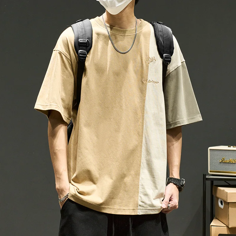 

Летние мужские лоскутные футболки с короткими рукавами, хлопковая футболка в стиле Харадзюку с вышивкой букв, новинка 2025 года, повседневные винтажные топы Y2K