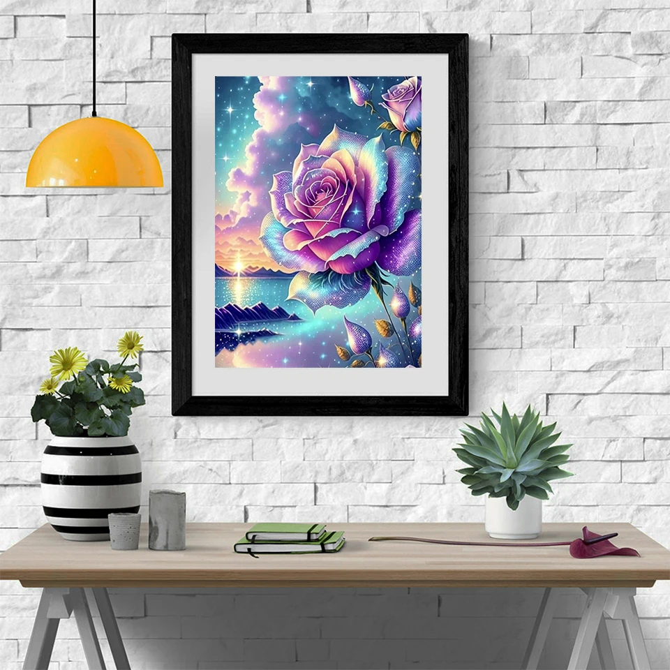 MomoArt Diamond Mosaic Rose Flower Full Square Round Diamond Painting Seaside Embroidery Sunset Beaded Home Decor