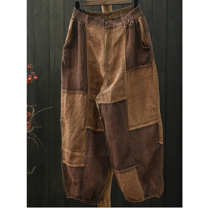 2026 New Arrival Spring Women Ankle-length Pants Casual Loose Cotton Linen Elastic Waist Vintage Patchwork Harem Pants M178