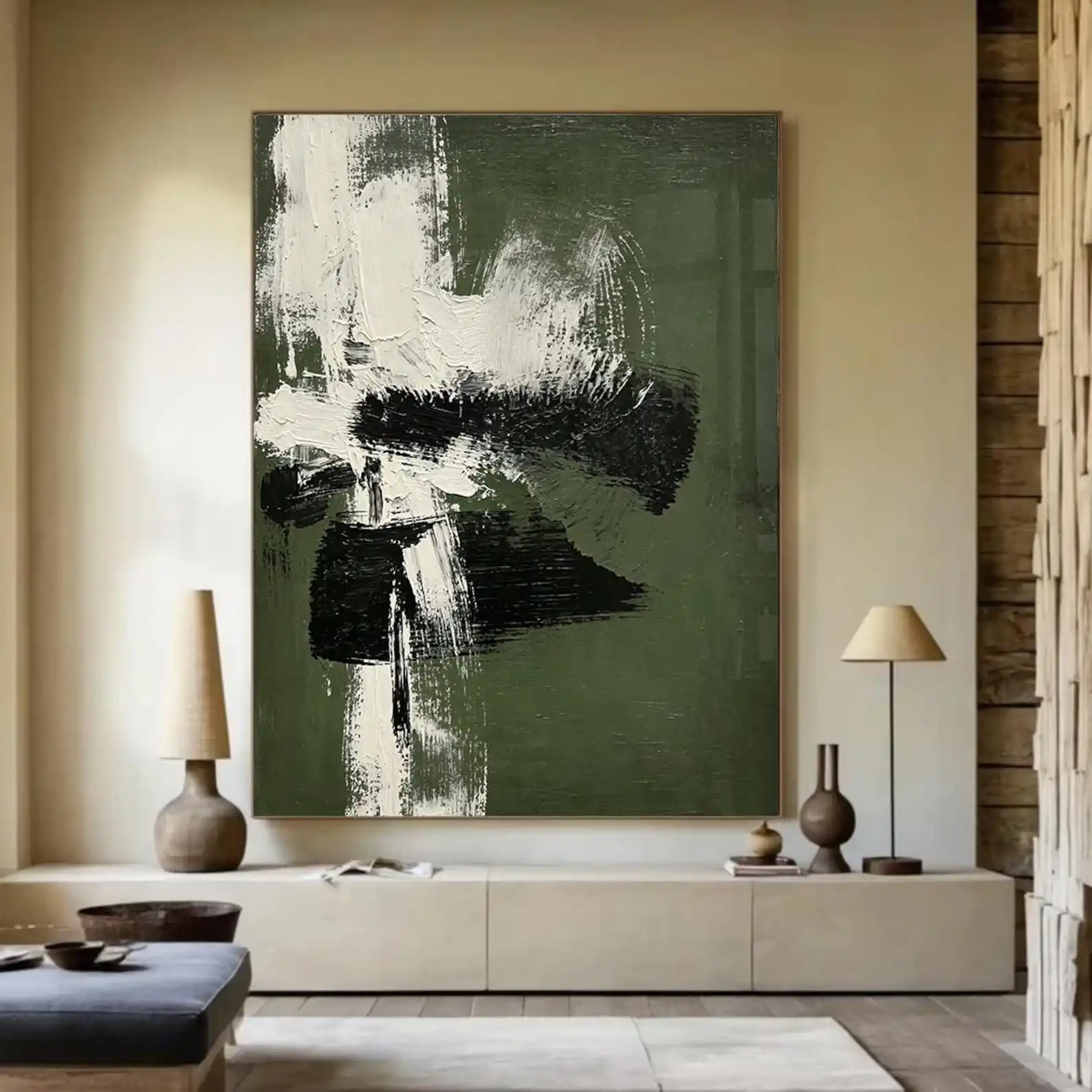 

Mhemyo Olive Green Abstract Hand Painted Art Minimalist Texture Wall Decor Modern Oil Painting Single Tone Canvas Art Home Decor