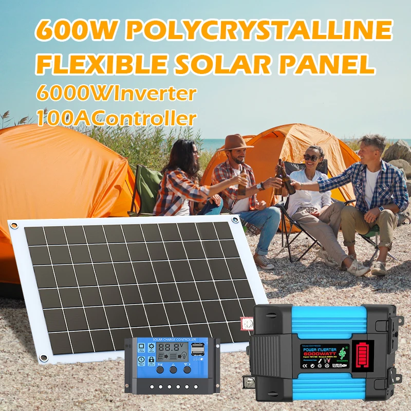 600W 12V Solar Panel System 6000W 110V/220V Solar Inverter Kits  Solar Panel Battery Charge Controller Complete Power Generation