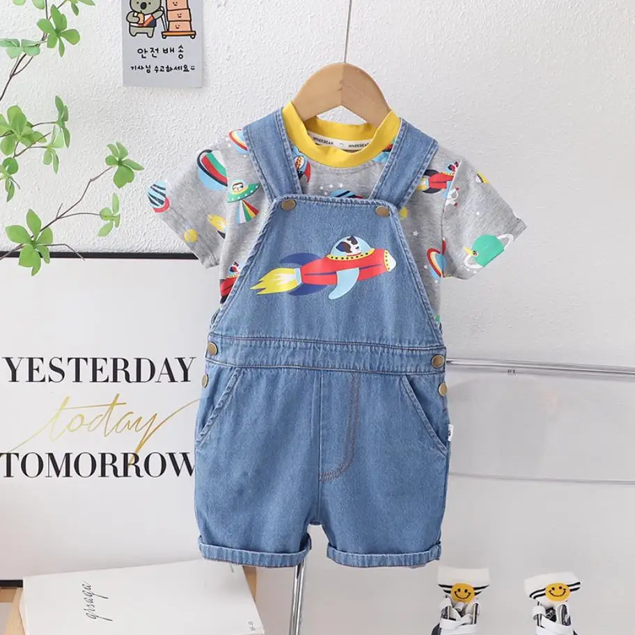 

Summer Baby Boutique Outfits Toddler Clothes 2024 Fashion Cartoon Short Sleeve T-shirts and Denim Overalls Children Boys Sets