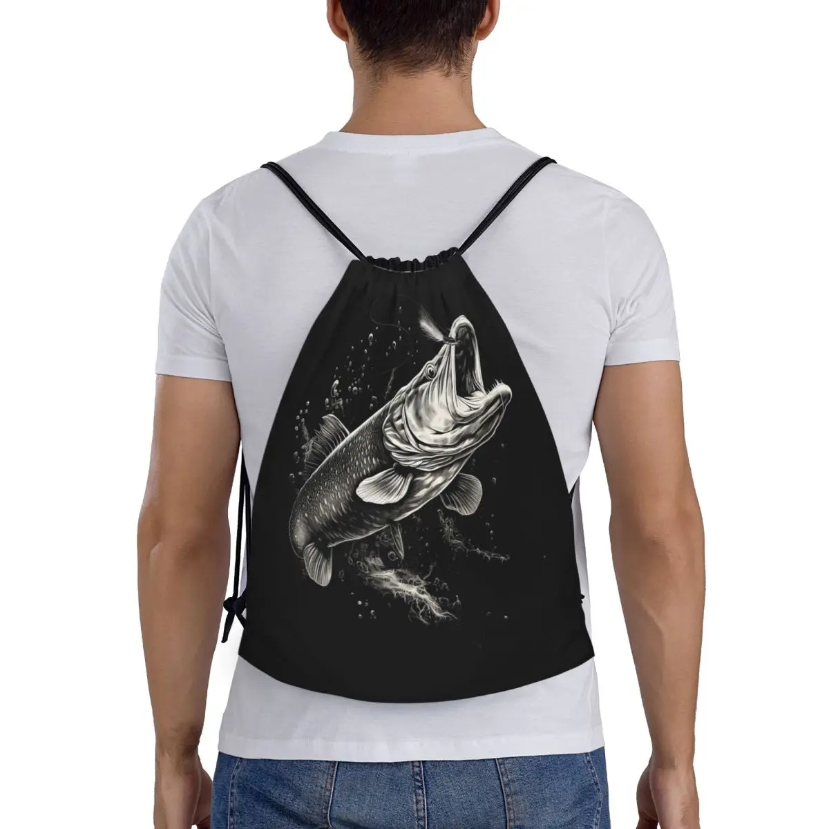 Fishing Lover Pike Fish Design Backpacks Portable Drawstring Bundle Pocket Sports Bag Book Bags for Man Woman Students