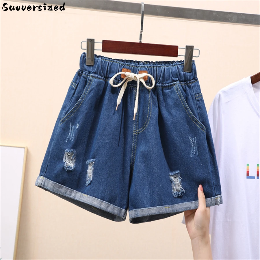 

Hole Blue Summer Shorts Jeans For Women Lace Up Pantalones Cortos Elastic High Waist Wide Leg Denim Short Pants Fashion Vaqueros