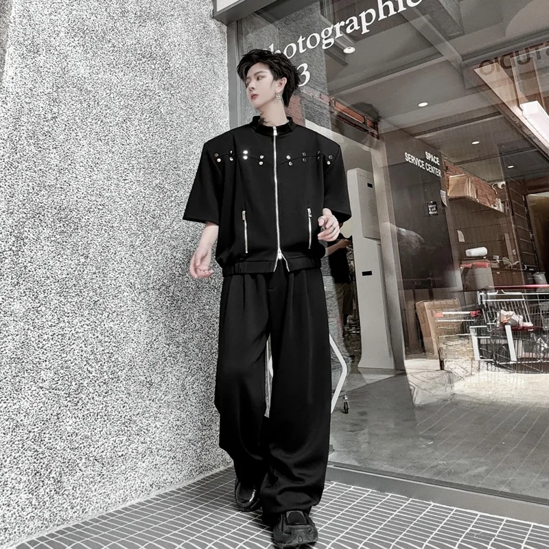 

Summer k Sle Men's Jaet And Pants Set with Nail Head Decoration Stand Collar ort Sve Two-Piece Faionable Teenage