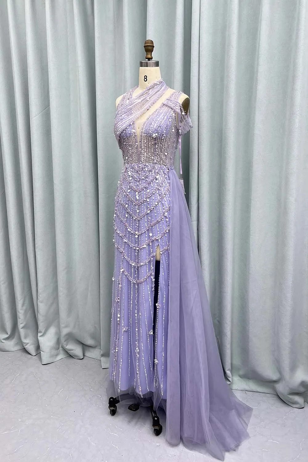 YQLNNE Lavender Handmade Beaded Long Slit Evening Dresses Mermaid Halter Tulle Weddding Party Gown