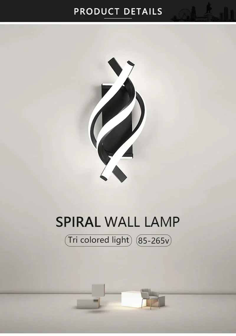 Curved Spiral Design LED Wall Lamp for Bedroom Bedside Corridor Living Room Staircase Corridor Lighting Fixture Home Decor Light
