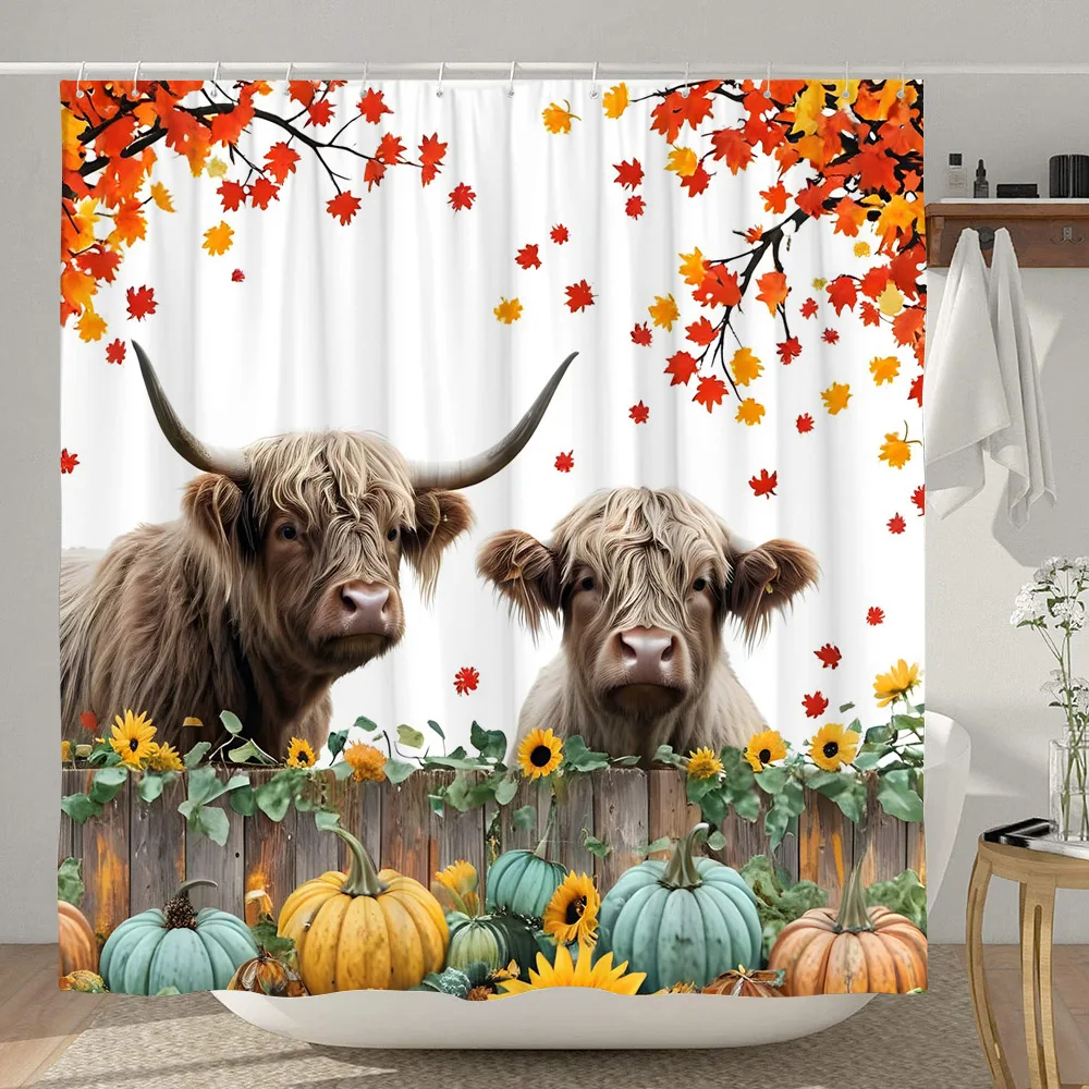 Autumn Farm Pumpkin Shower Curtain Thanksgiving Deep Woods Deer Rustic Highland Cow Sunflower Fabric Bath Curtain Bathroom Decor