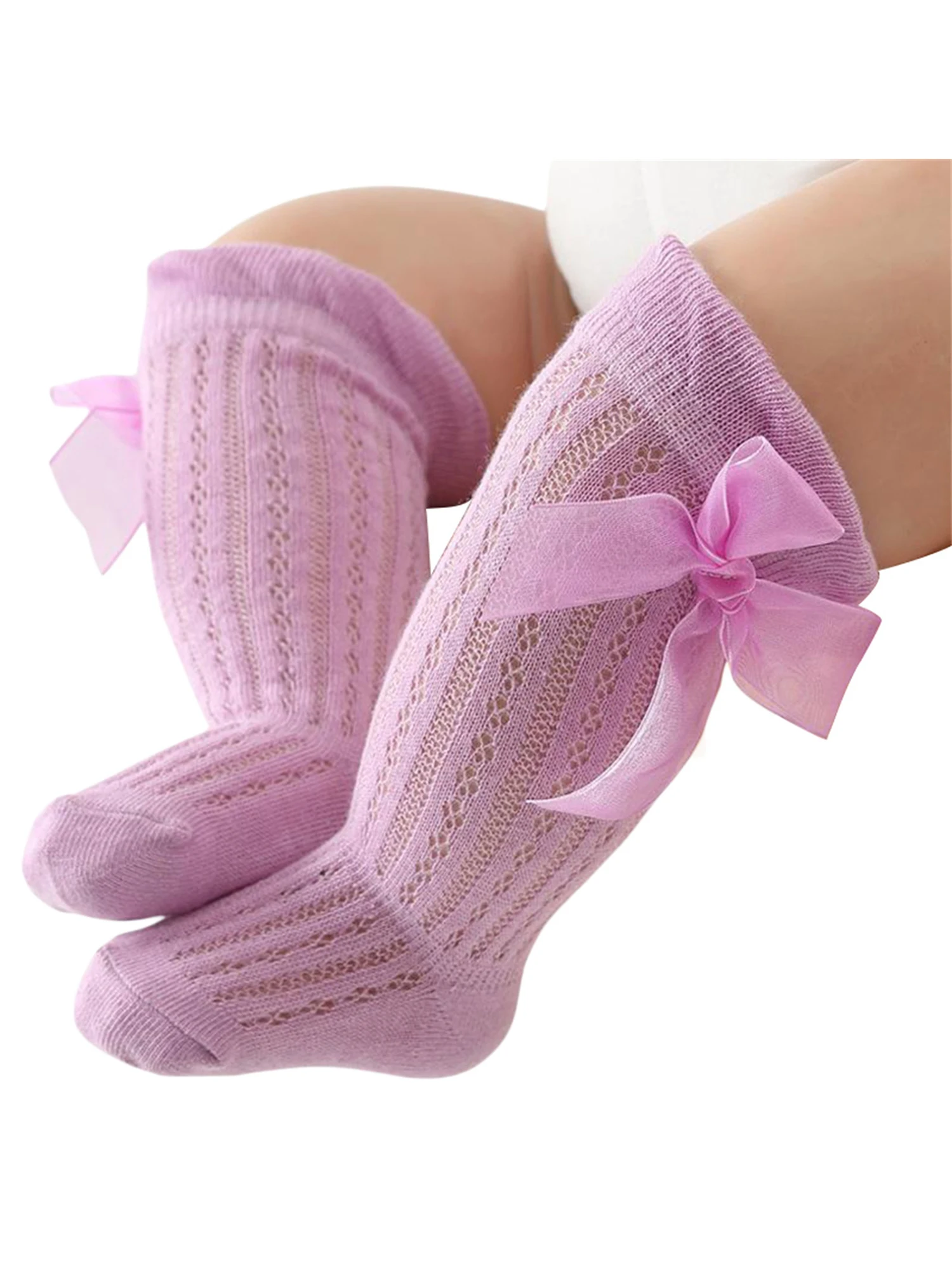 

Infant Baby Girls Long Stockings Princess Solid Color Cute Bowknot Breathable Loose Mouth Socks Over-The-Knee Socks