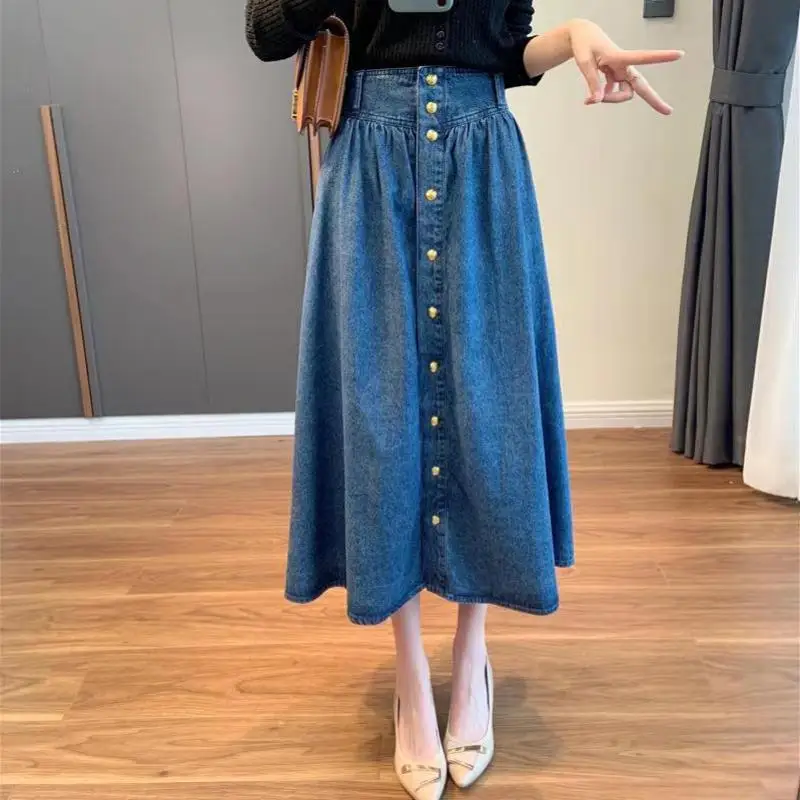 

Summer Elegant Women's A-line Skirts Streetwear Korean Style High Waist Midi Classic Vintage Jeans Skirt Women Slim Casual