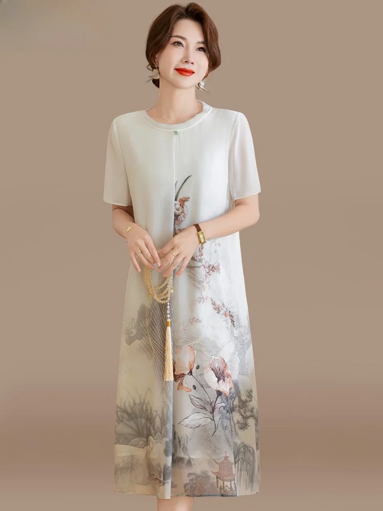 

New Chinese Sle Mommy Summer ort Sve Chiffon Dr mid Age Women Faion Loose Fit Polyester Fiber round Ne Dr