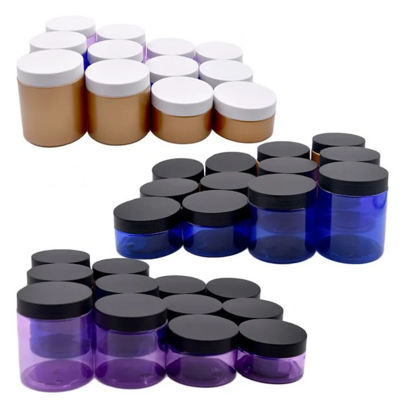 Empty Cosmetic Containers White Black Matte Frost Lid PET Plastic Jars Gold Purple Blue Cream Pots 100ml 120ml 200ml 250ml 24pcs