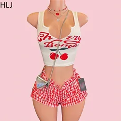 HLJ Y2K Cherry Print Fashion Ruffle Shorts Two Piece Sets For Women V Neck Sleeveless Tank Top And Ruched Shorts Street Outfits