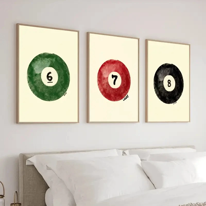 Wall Art Canvas Poster Retro Billiards Hand painted Set of 3 Fashionable 6 7 8 ball Printed Game Room Home Decor Unframed