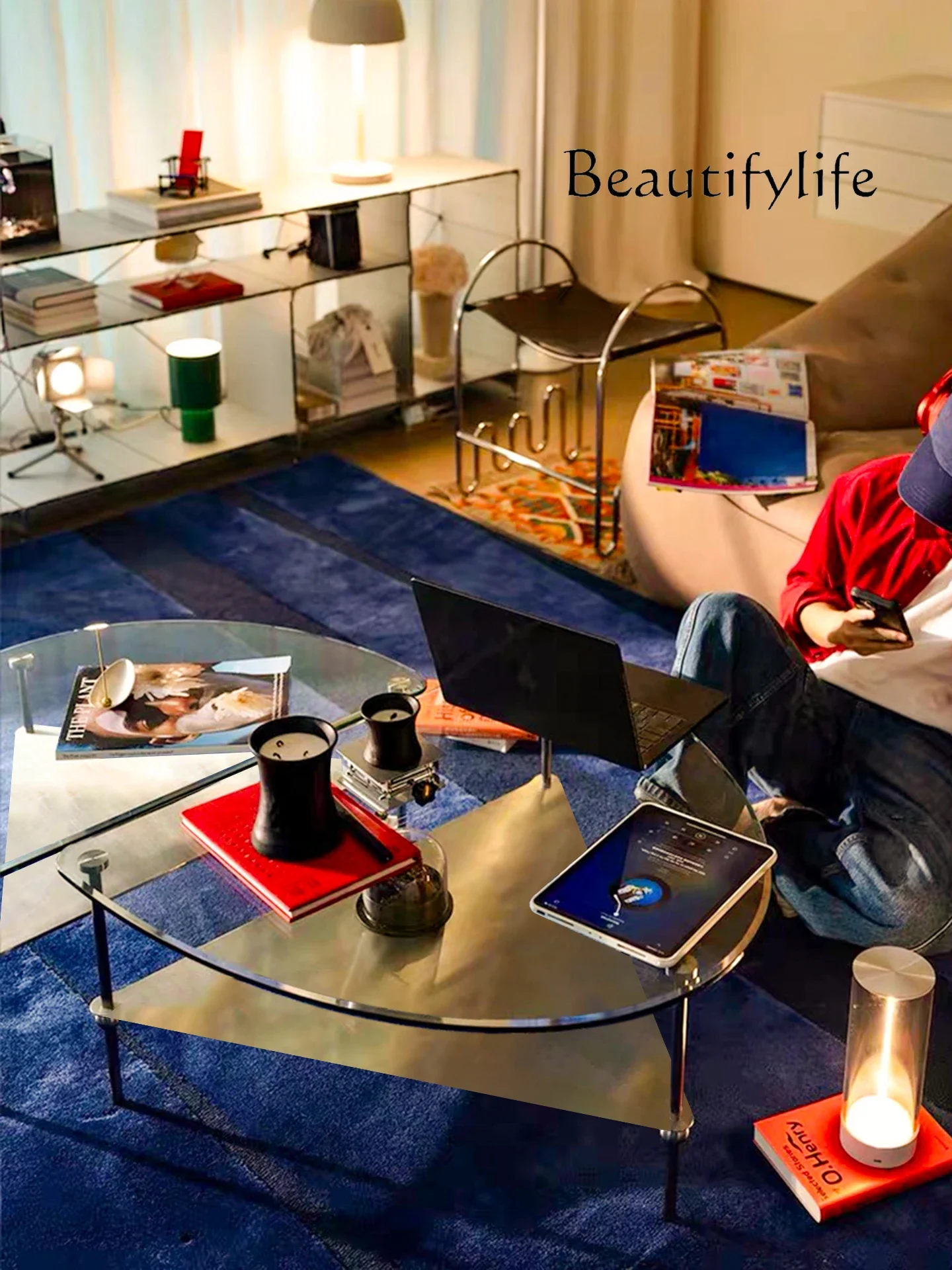 L Modern light luxury small apartment module glass coffee table medieval household living room sofa low table double-layer stora