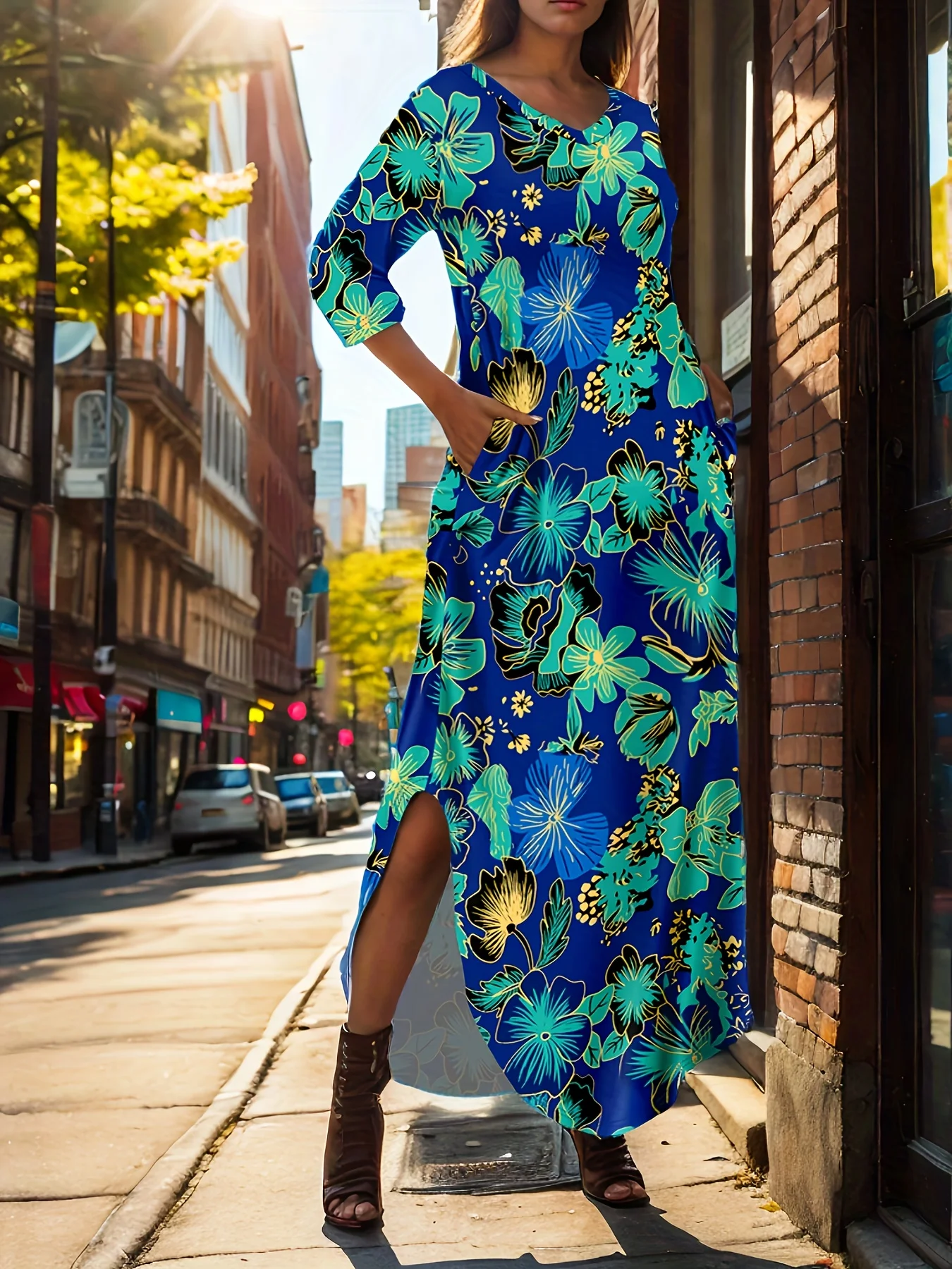 Robe longue à fleurs tropicales dorées pour femmes, base bleue accentuée, manches 3/4, col rond, poches, fente latérale