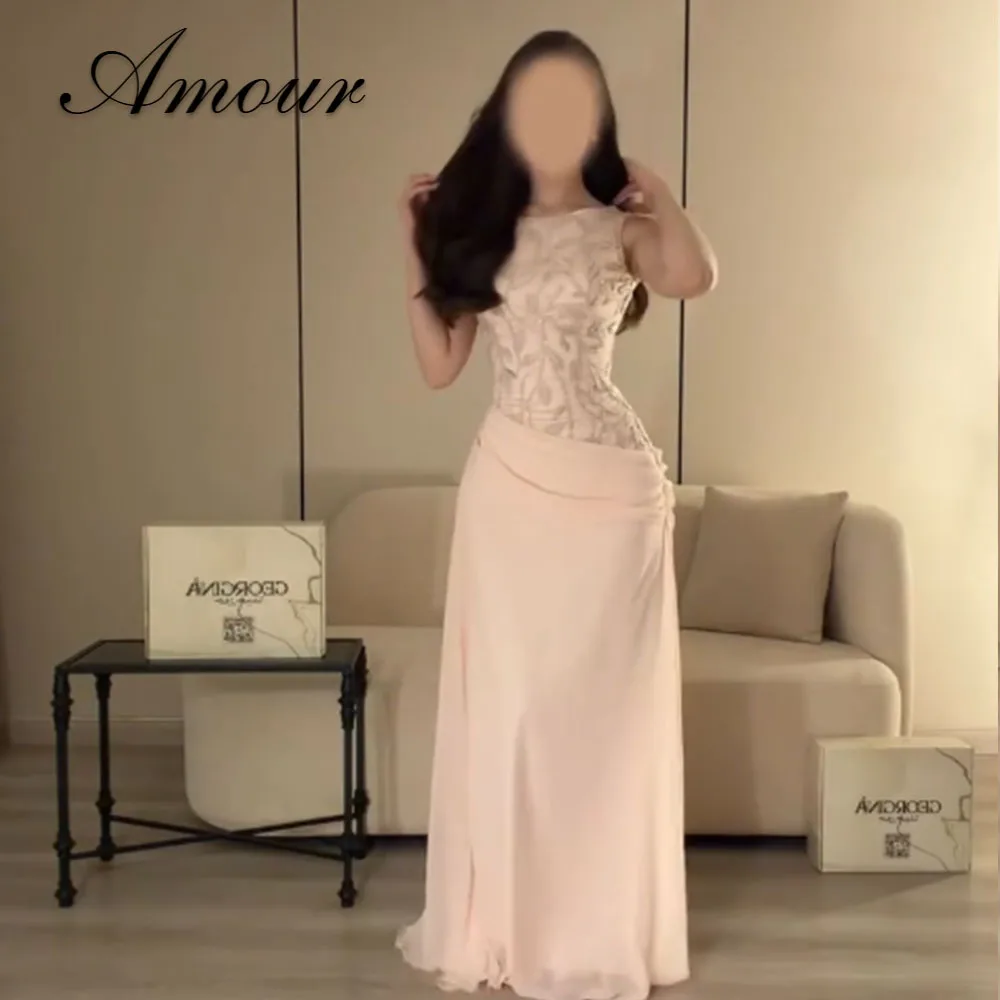 Amour Maßgeschneiderte Saudi A-Linien Abendkleider Luxuriöse Perlenstickerei Ärmellose Bodenlange Plissierte Partykleider Vestidos De Fiesta 2026