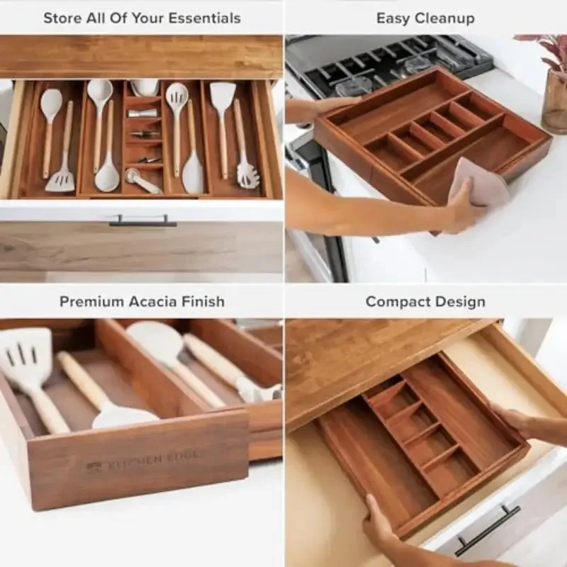 Adjustable Kitchen Drawer Organizer for Utensils, Non-Slip Expandable Wood Cutlery Tray, 16–28in Wide, Natural Acacia