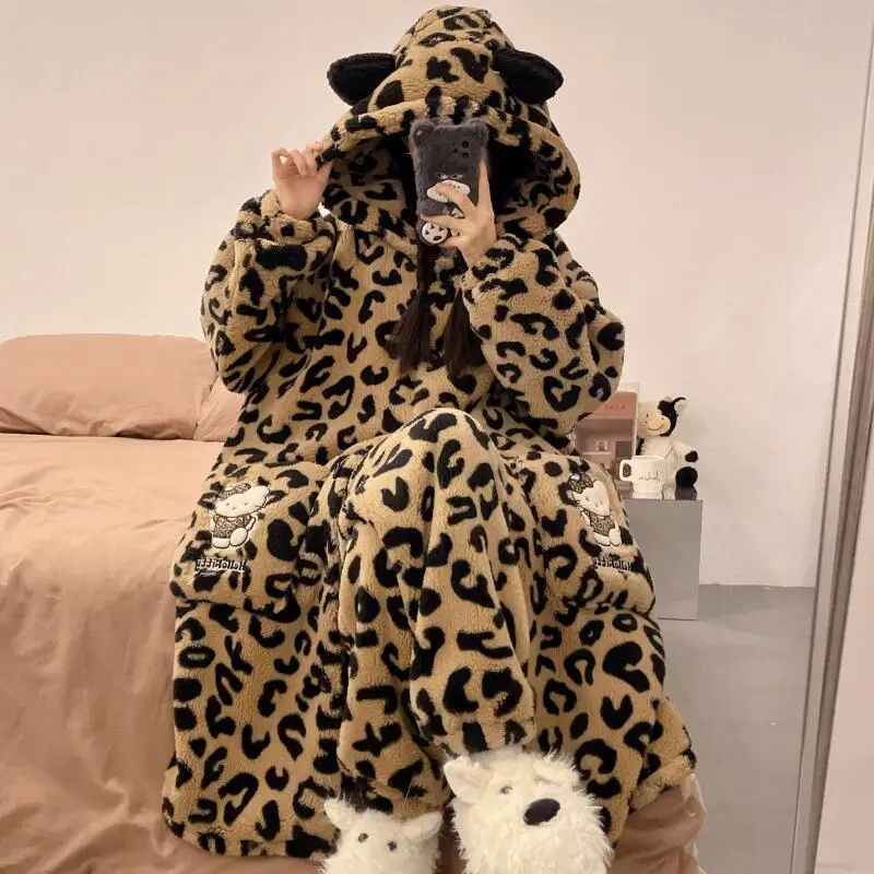 

Student Cute Kitten Hooded Nightgown 2Pcs Leopard Print Women's Autumn Winter Sweet Anime Cartoon Thick Warm Soft Home Clothing