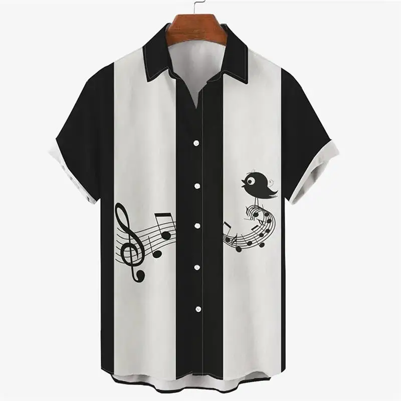 Summer Shirt For Men 2024 Hawaiian Short-sleeved T Shirts Musical Note Print Boys Girls Beach Travel Tops Casual Lapel Clothing