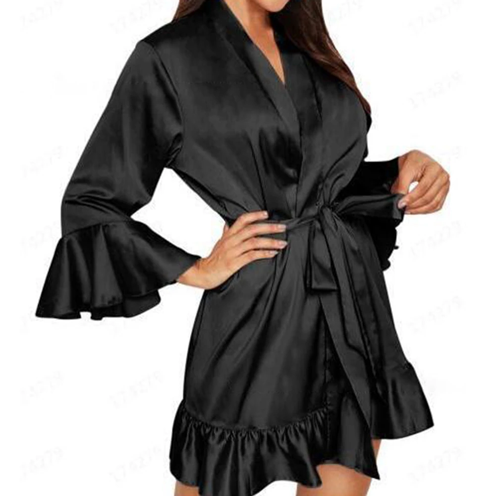 Ladies' Solid Color Fashionable Casual Sexy Deep V Lace Robe Long Sleeve Nightgown Bathrobe Loose Causal Female Nightwear