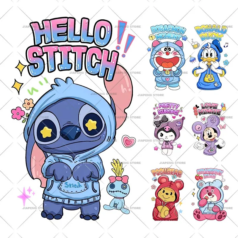 Cartoon Stitch Printed Sticker Iron on Heat Transfers For Clothes Cute Mickey Mouse Kuromi Thermal on Kids T-shirt Appliques DIY