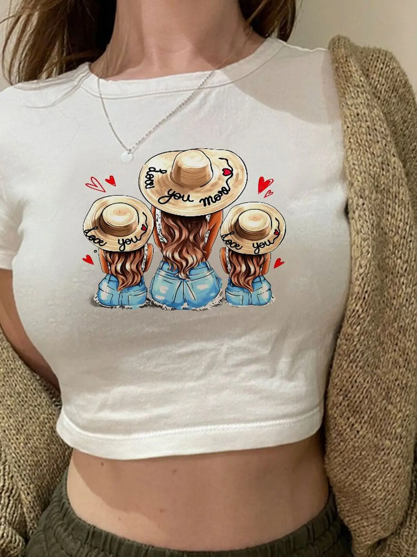 Women's White Crop Top T-Shirt with Cartoon Print 