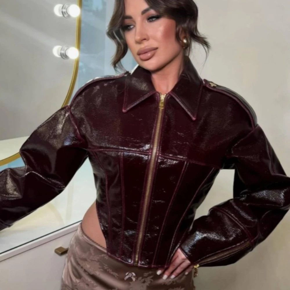 

Women Zipper Short Coat Women's Fake Leather Jacket Retro Coated Cinched-waist New Party High Street Coat Lady Leather Jacket