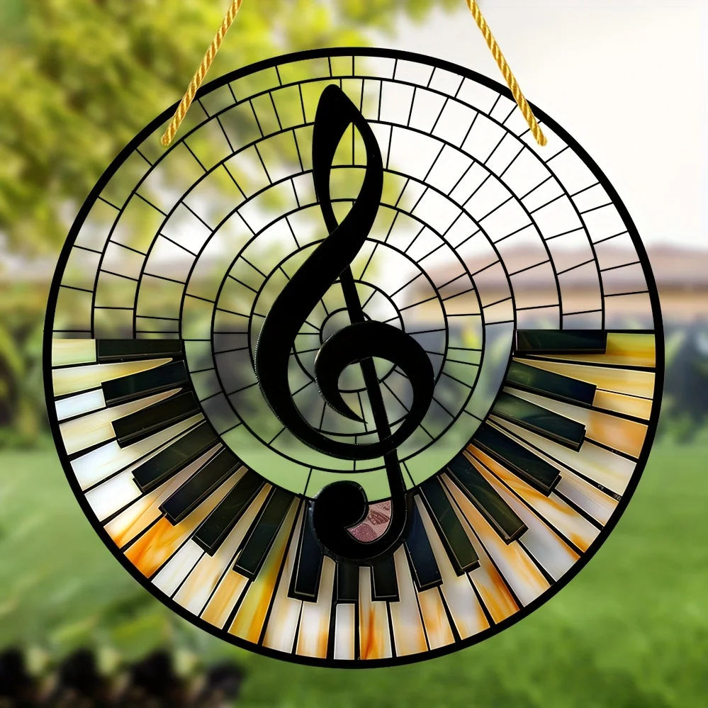 Piano Key Music Symbol Stained Window Hanging Light Catcher,Round Acrylic Sign,For All Season,Wreath,Porch,Garden,Home Decor