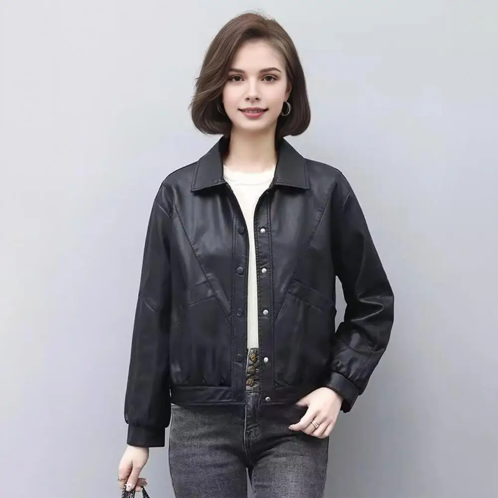 Women Faux Leather Jacket Solid Color Jacket Stylish Women's Faux Leather Jacket with Turn-down Collar for Office