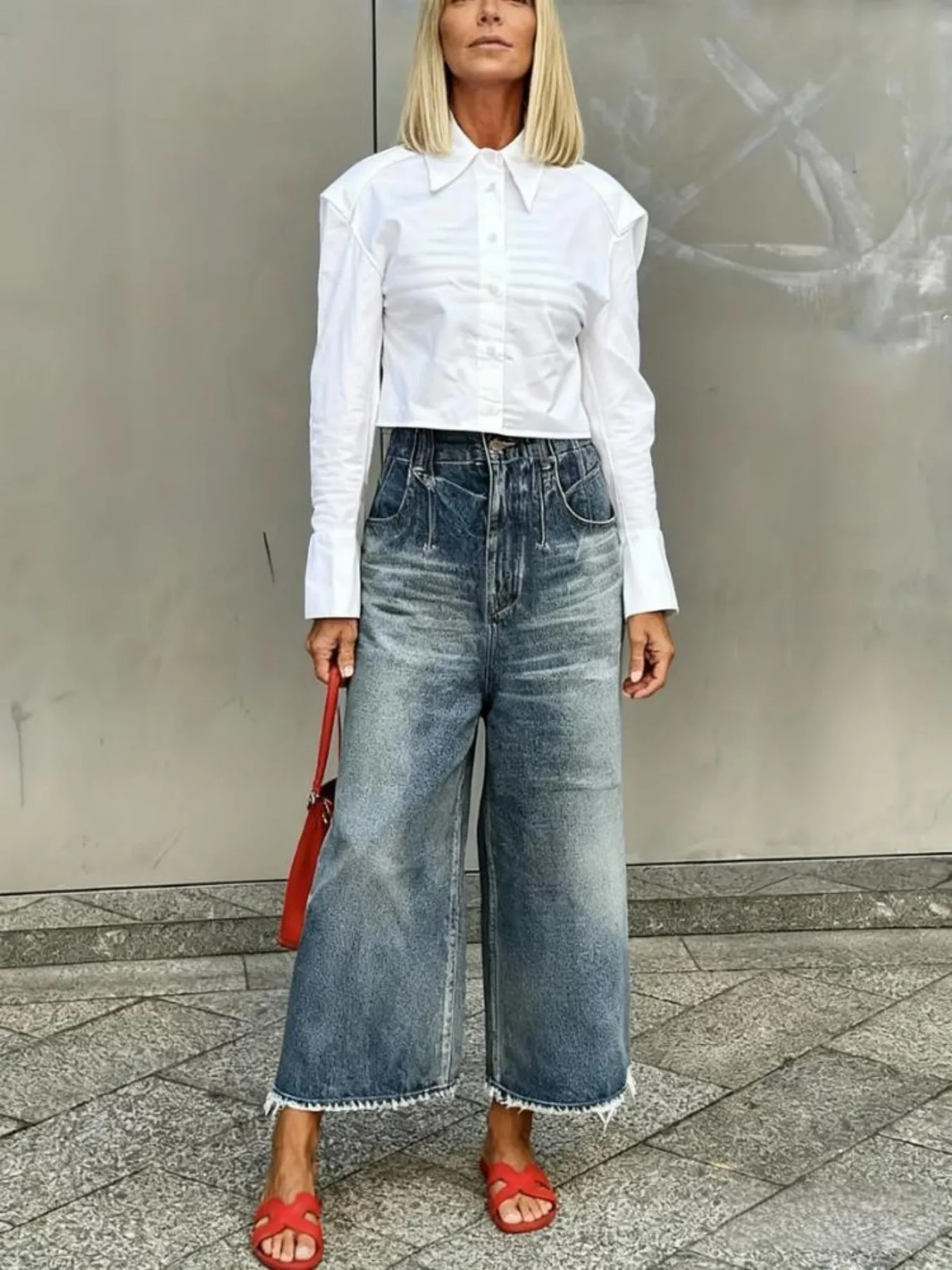 Damskie jeansy z wysokim stanem i szerokimi nogawkami, codzienne i luźne, modne spodnie biurowe na jesień i zimę.