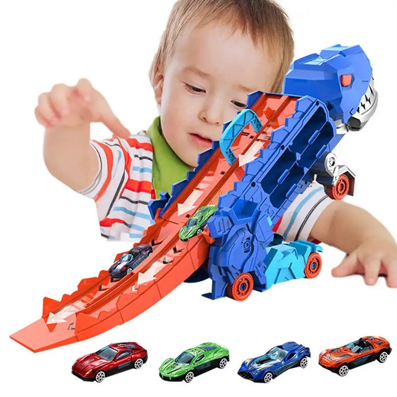 

Tyrannosaurus Dinosaur Truck Toys Foldable Track Alloy Transforming Dinosaur Transport Car Toy Gift for Kids Toddle Boys Girls