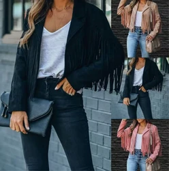2025 New Womens Vintage Lapel Long Sleeve FringeCropped Hippie Motor Biker Cardigan OutwearsFaux Suede Tassel Jacket