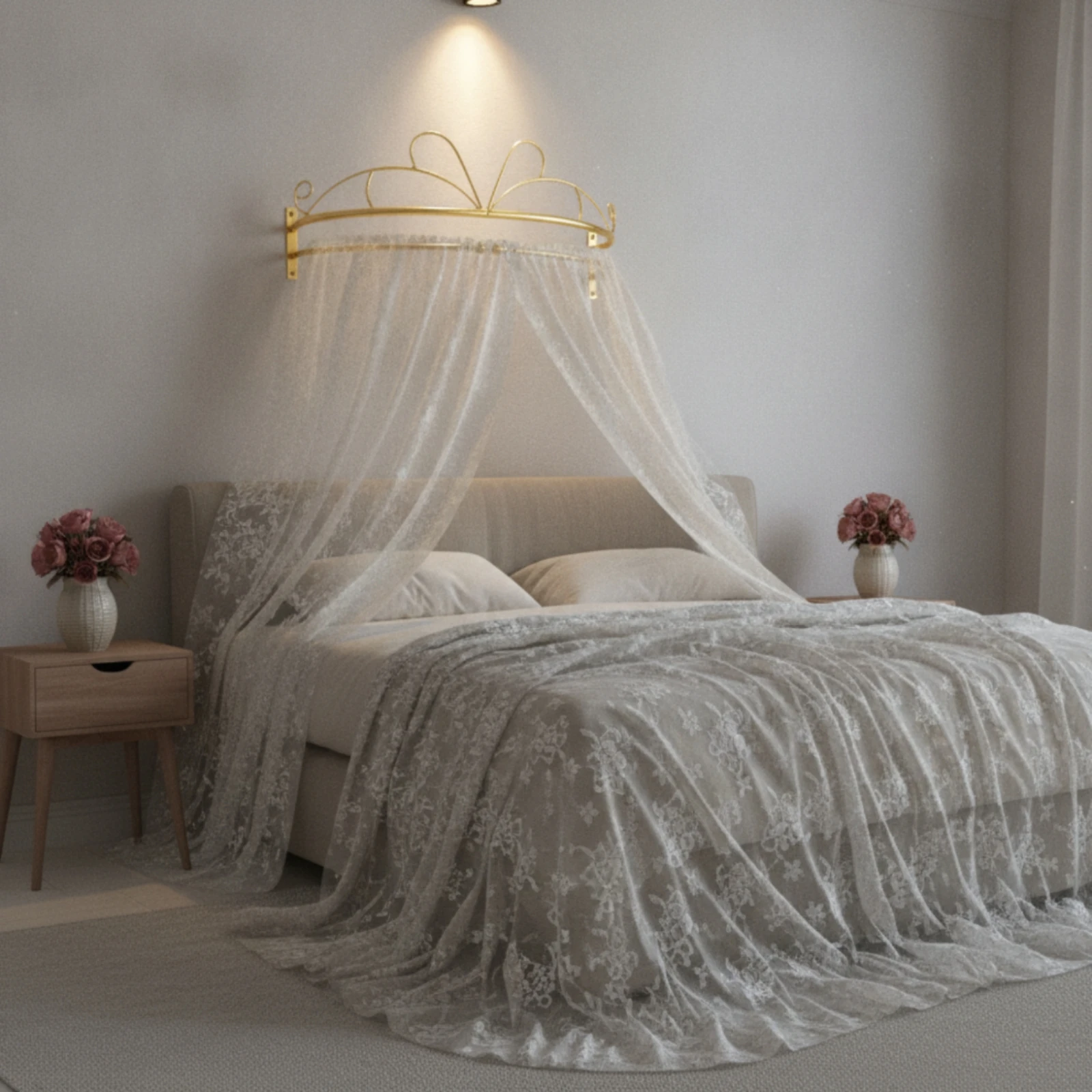 Gold Metal Canopy Bed Easy Assembly Wall-Mounted Canopy Frame with Bow-Shaped Crown Ornamental Wall Bed Crown Sleek Modern