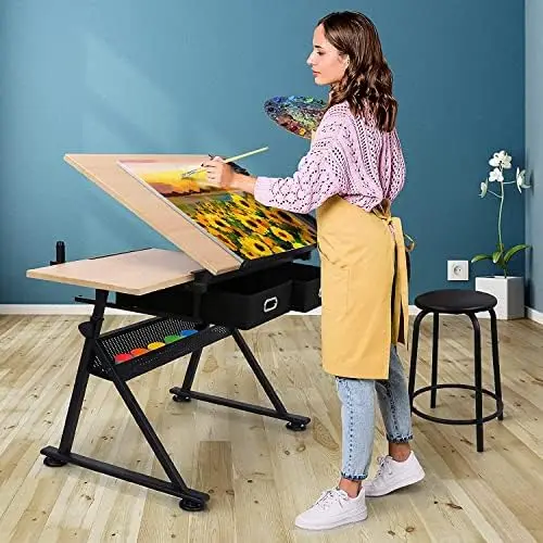 Drafting Table Art Desk with 2 Storage Drawers, Height Adjustable Drawing Table for Painters, Working, Writing, Home view 6