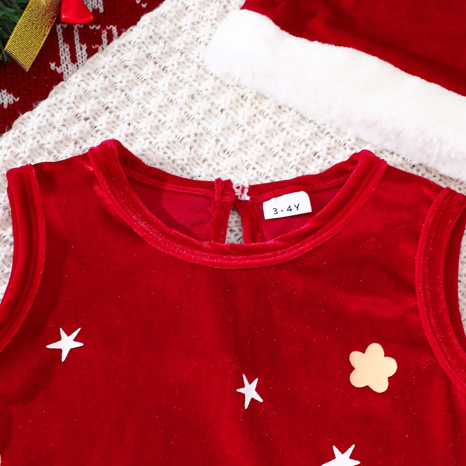 فستان مخملي جديد للفتيات لعيد الميلاد مطبوع عليه زهور على شكل نجمة بدون أكمام فستان سترة مطوي وقبعة سانتا للفتيات من سن 1 إلى 6 سنوات #5