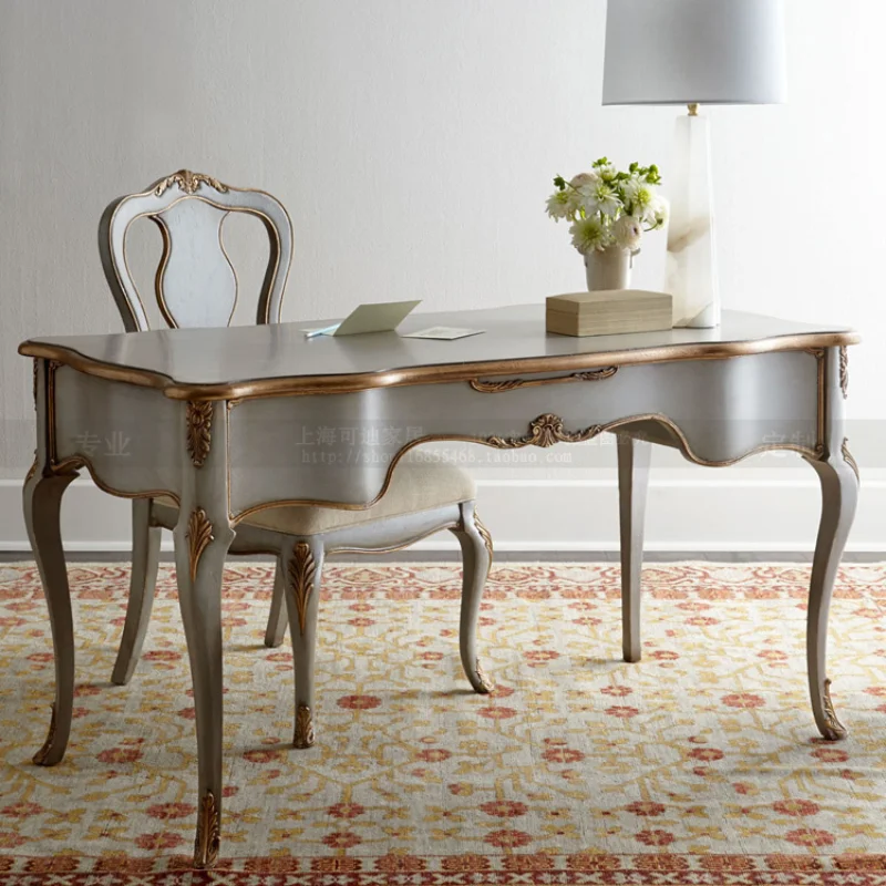 

High-end light luxury factory custom study furniture American French European old solid wood desk and chair side cabinet combina