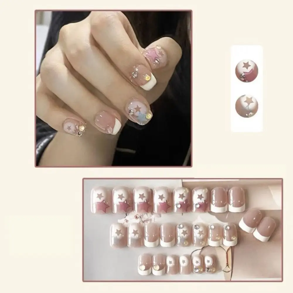 24Pcs/Box Full Cover Dopamine Fake Nails Detachable Rhinestone False Nail Fashion Flash Nail for Women Girl