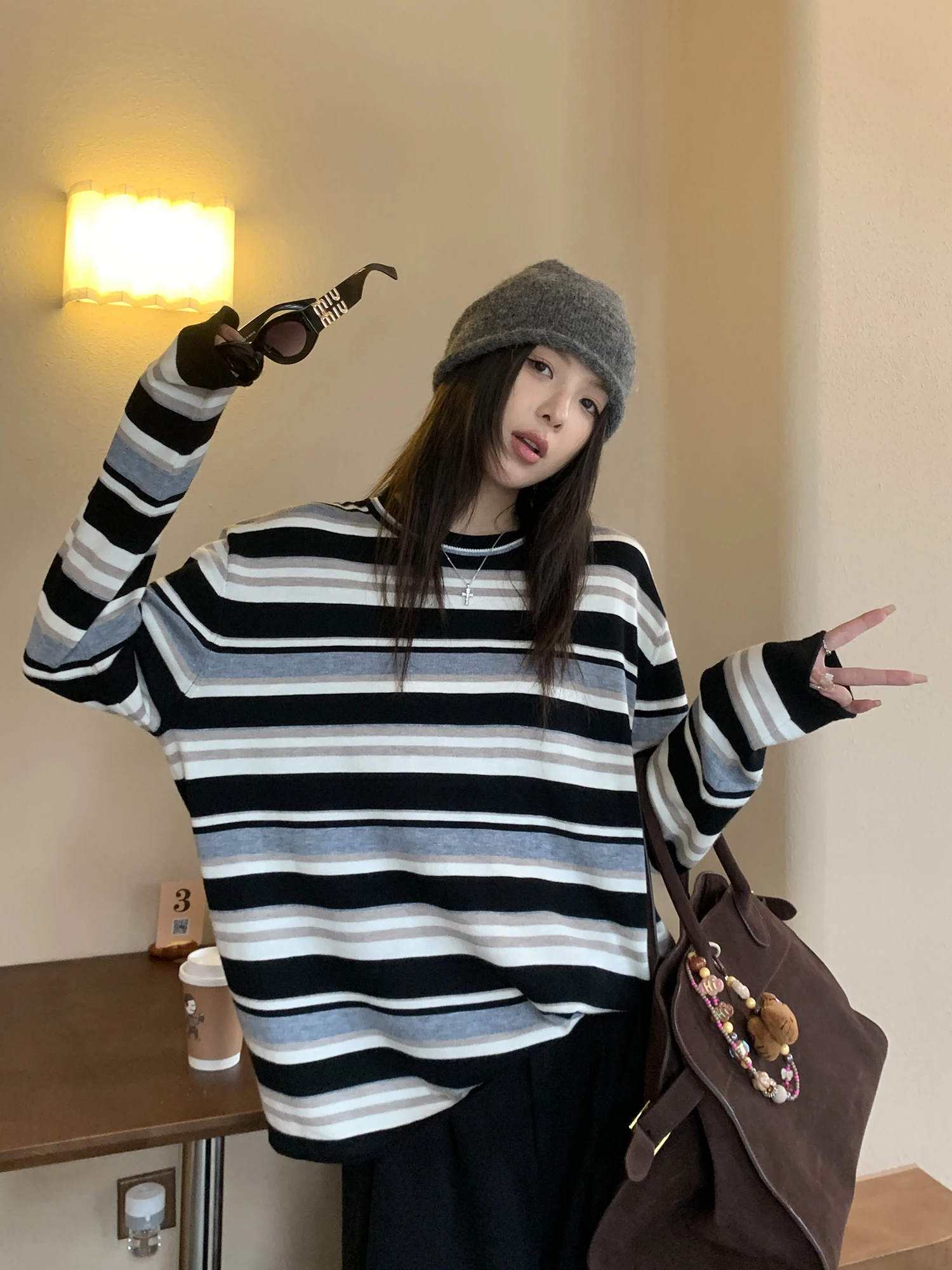 

Шерстяной вязаный свитер High-densi, женский свободный винтажный круглый свитер в полоску, осенний сезон, удобный длинный свек