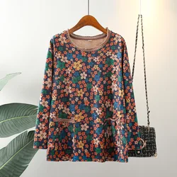 Camiseta de bolso casual floral feminina, tamanho grande, roupas para outono, camisetas de manga longa, curva sênior, tops de tricô elástico algodão