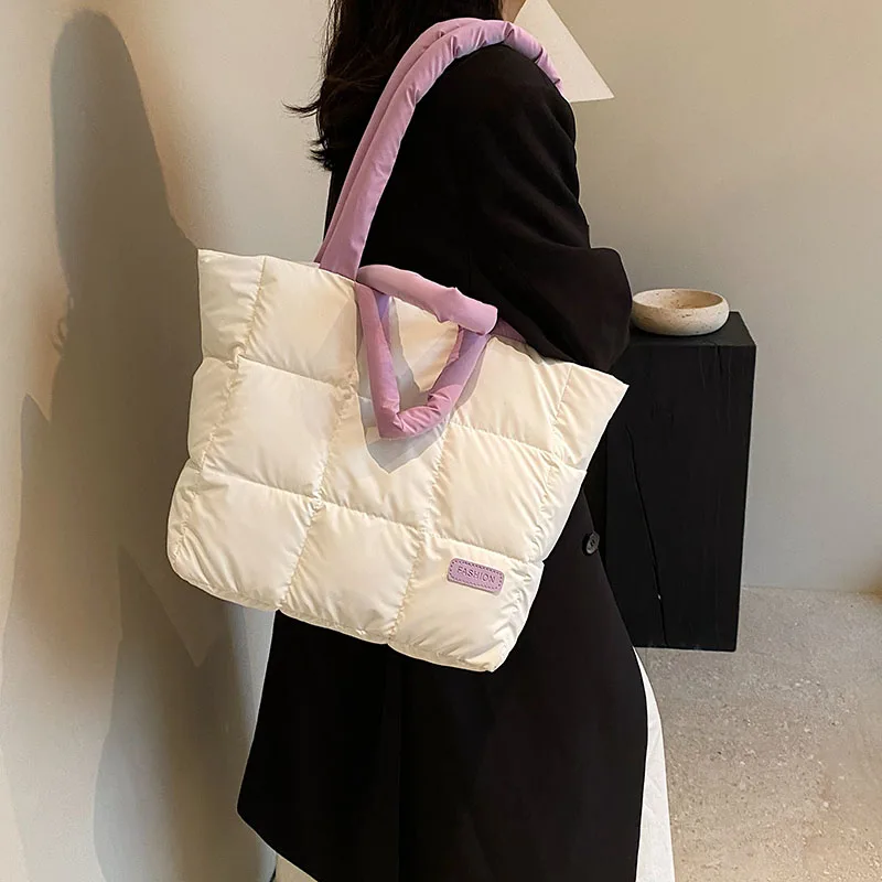 Women Winter Cotton Padded Quilted Tote Bags Large Capacity Korean Fashion Pillow Handbag Puffy Commuter Shoulder Bag Simple New