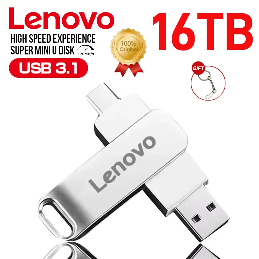 Lenovo 16TB USB 3.0 Flash Drive U Disk Type-C Interface High Speed 1TB Large Capacity 2TB 1TB Metal Pendrive Memoria Stick