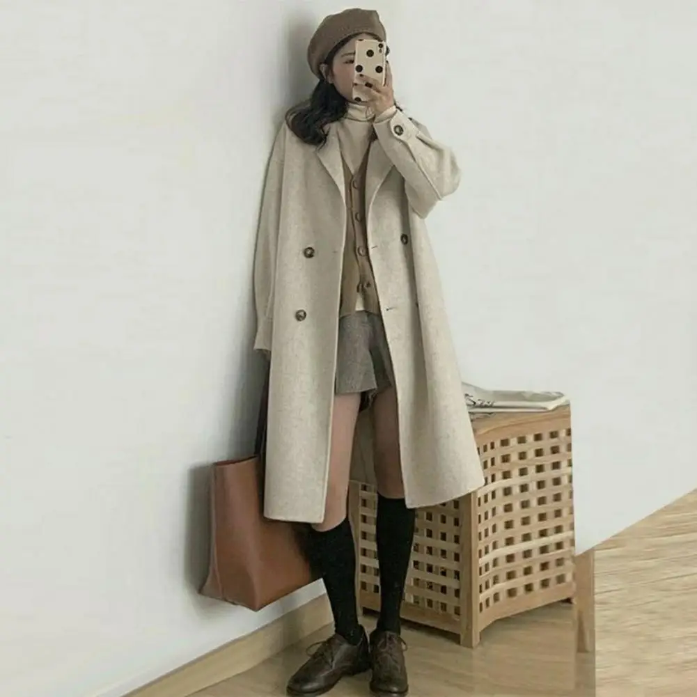 Женская шерстяная ветровка, стильное женское зимнее пальто с отложным воротником, двубортные дизайнерские карманы для поездок на работу