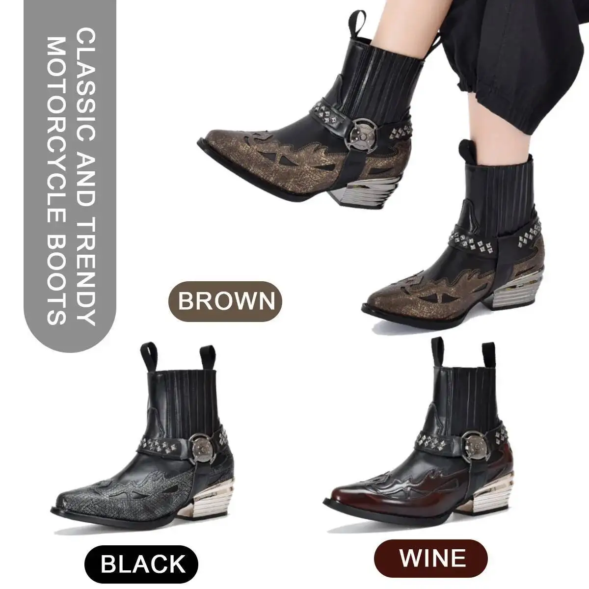 Chunky Heel Short Boots for Women Autumn and Winter Pointed Toe Western Cowboy boots