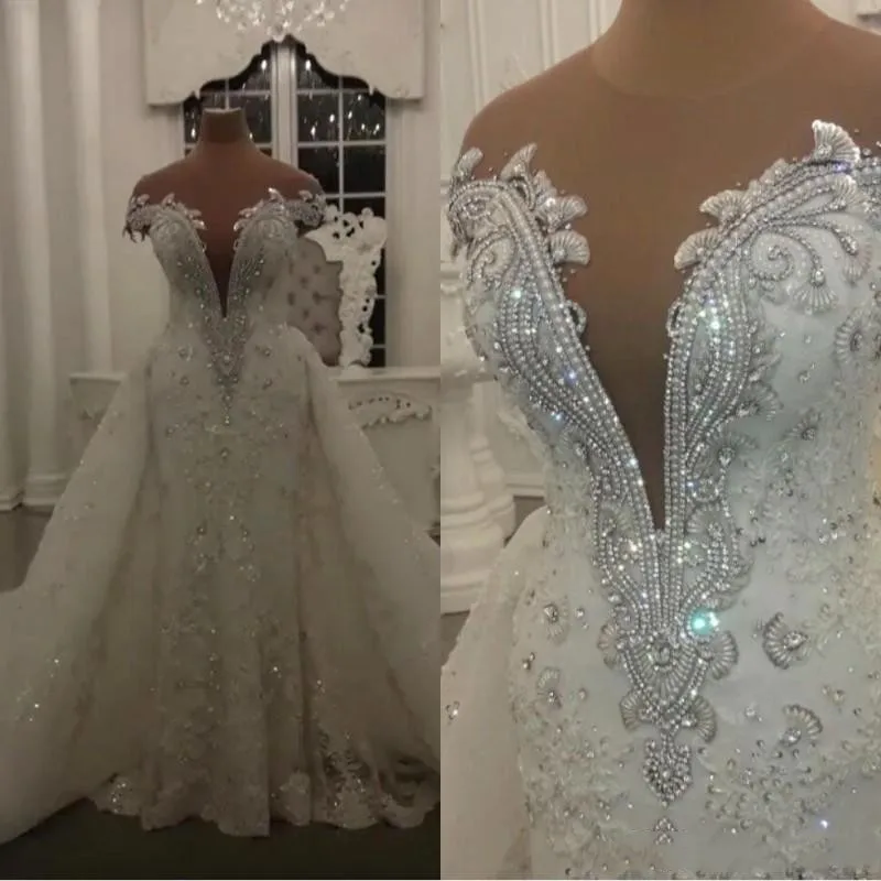 Luxurious Robe de Mariage customsized Mermaid Wedding Dresses Shining Crystals Beads Appliques Sheer Neck Wedding Bridal Gowns