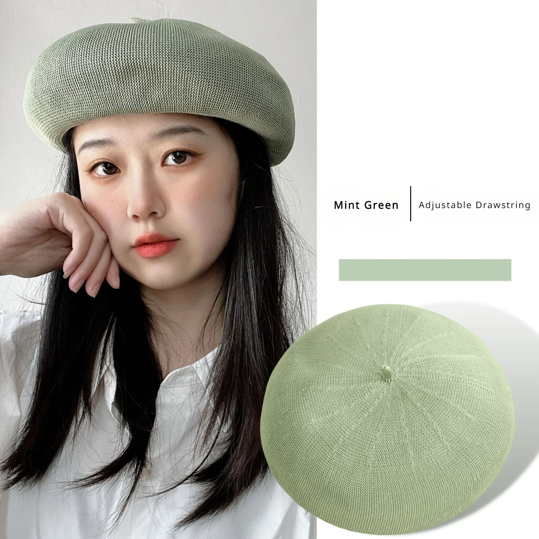 Summer Beret for Women Green Round Top Thin Ice Silk Drawstring Hat with No Brim Summer Retro Hat