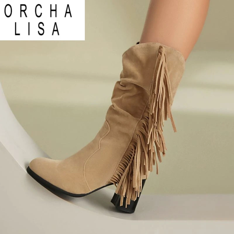

ORCHA LISA Design 2024, женские ботинки из флока, замшевые, с круглым носком, на блочном каблуке 6,5 см, без шнуровки с бахромой, размер 47 48, для отдыха, на каждый день