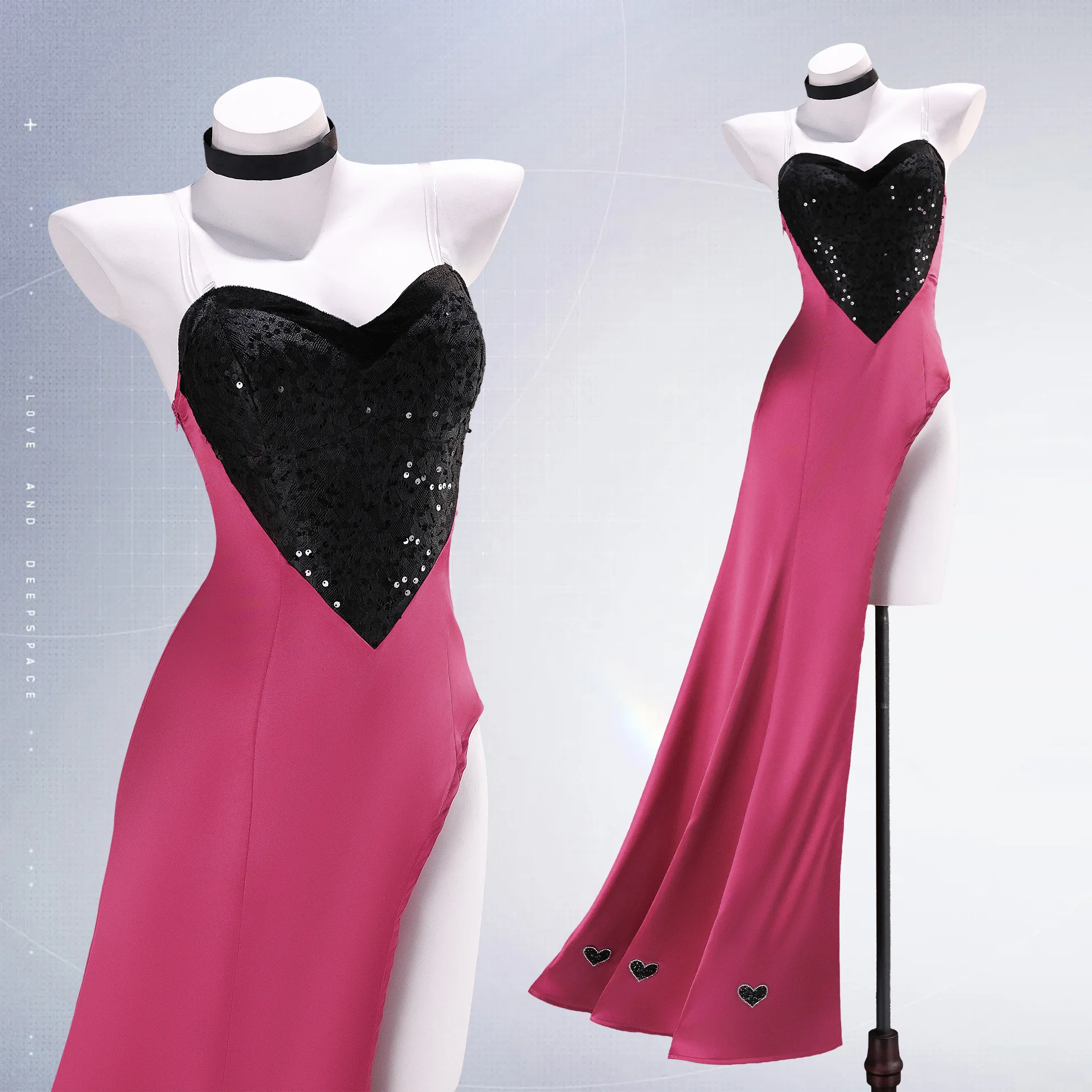 Angel Dust Cosplay Costume Heart Sequin Spaghetti Strap Mermaid Dress Pink Satin High Side Slit Long Gown Black Choker set view 6