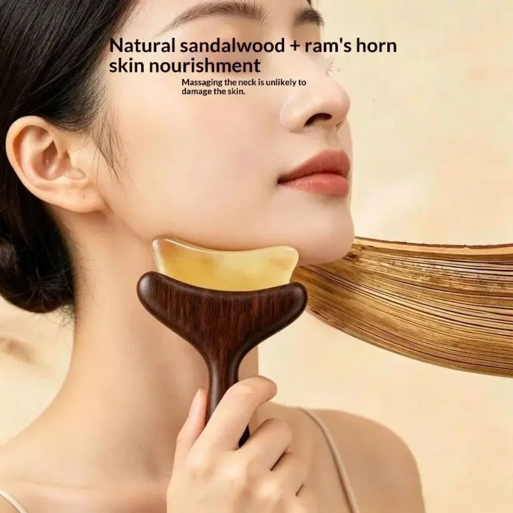 Wooden Handle Horn Gua Sha Tool Facial Body Massage Scraper Portable Hand‑held Skin Beauty Massager SPA Relaxation Skincare Tool